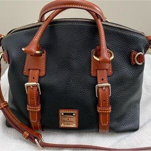 Dooney & Bourke Black Satchel with Brown Trim and Gold Hardware